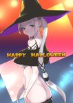  1girl ass azur_lane back bangs bare_shoulders blunt_bangs blush breasts brown_eyes dytm eyebrows_visible_through_hair formidable_(azur_lane) halloween hat highres long_hair silver_hair smile solo twintails underboob very_long_hair witch_hat 