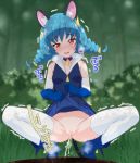  1girl animal_ear_fluff animal_ears bangs blue_cat blue_gloves blue_hair blue_skirt blush breasts cat_ears cat_tail censored chisato_(missing_park) extra_ears eyebrows_visible_through_hair forest gloves heavy_breathing lifted_by_self looking_at_viewer nature open_mouth pee peeing precure pussy red_eyes short_hair skirt skirt_lift smile solo squatting star_twinkle_precure tail thighhighs twintails white_legwear yuni_(precure) 