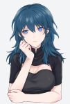  1girl akina_(akn_646) blue_eyes blue_hair breasts byleth_(fire_emblem) byleth_(fire_emblem)_(female) cleavage closed_mouth fire_emblem fire_emblem:_three_houses highres medium_hair short_sleeves simple_background solo upper_body white_background 