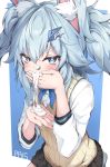  1girl animal_ear_fluff animal_ears bangs black_skirt blue_background blue_eyes blue_hair blush covering_mouth dress_shirt eyebrows_visible_through_hair girls_frontline hair_between_eyes hair_ornament heart heart-shaped_pupils highres ky_(ky990533) long_sleeves looking_at_viewer pa-15_(girls_frontline) pleated_skirt shirt signature skirt solo spoken_squiggle squiggle sweater_vest symbol-shaped_pupils two-tone_background two_side_up white_background white_shirt 