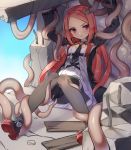  1girl arms_up bike_shorts black_legwear blush breasts closers highres jacket kuro_(kuronell) long_hair looking_at_viewer luna_aegis_(closers) necktie open_clothes open_jacket purple_eyes red_hair restrained ruins sitting small_breasts solo sweatdrop tentacles thigh_strap thighhighs very_long_hair 