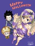 1boy 1girl asymmetrical_bangs bangs black_hair blue_eyes breasts cleavage cleavage_cutout copyright_name eden&#039;s_zero full_body hair_ornament large_breasts long_hair looking_at_viewer mashima_hiro mummy_costume object_on_head official_art open_mouth platinum_blonde_hair pumpkin pumpkin_hat rebecca_(eden&#039;s_zero) robot shiki_granbell skeleton_costume smile source_request spiked_hair tagme thigh_gap underwear 