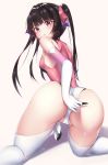  1girl all_fours ass bangs black_hair blunt_bangs blush breasts cameltoe commentary_request elbow_gloves from_behind gloves highres leotard leotard_pull long_hair looking_at_viewer looking_back niyu_n_iyun parted_lips partially_visible_vulva pink_eyes pink_leotard senki_zesshou_symphogear shiny shiny_clothes shiny_hair shiny_skin small_breasts solo thighhighs tsukuyomi_shirabe twintails white_gloves white_legwear 