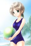  1girl ball beachball blue_sky blue_swimsuit blush breasts collarbone day green_eyes liselsia_cesarini one-piece_swimsuit ribbon school_swimsuit short_hair short_ponytail sky small_breasts solo standing sunlight swimsuit symphonic_rain tree yos 