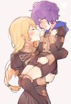  2girls bernadetta_von_varley blonde_hair blush boots carrying closed_eyes closed_mouth commentary fire_emblem fire_emblem:_three_houses from_side garreg_mach_monastery_uniform grey_eyes hood hood_down ingrid_brandl_galatea knee_boots kvlen long_hair long_sleeves multiple_girls open_mouth purple_hair short_hair simple_background white_background yuri 