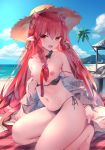  1girl arknights bare_shoulders barefoot beach bikini black_bikini black_ribbon braid breasts chen_bin detached_collar fang fish hair_ornament hair_ribbon hat highres horns kneeling long_hair looking_at_viewer mountain navel nipples ocean open_mouth orange_eyes palm_tree pointy_ears red_hair ribbon sand side-tie_bikini sidelocks small_breasts solo star star_hair_ornament swimsuit tree twin_braids undressing vigna_(arknights) water 