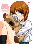  1girl bandages bandaid bangs black_legwear blouse blush boko_(girls_und_panzer) brown_eyes brown_hair character_name closed_mouth commentary dated eyebrows_visible_through_hair girls_und_panzer green_skirt happy_birthday heart holding holding_stuffed_animal long_sleeves looking_at_viewer nishizumi_miho ooarai_school_uniform oosaka_kanagawa pleated_skirt school_uniform serafuku short_hair sitting skirt smile socks solo stuffed_animal stuffed_toy teddy_bear white_background white_blouse 