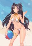  1girl absurdres armlet artist_name ball bangs beachball bikini black_hair black_ribbon breasts chungmechanic collarbone contrapposto earrings eyebrows_visible_through_hair fate/grand_order fate_(series) hair_ribbon highres hoop_earrings ishtar_(fate/grand_order) jewelry long_hair looking_at_viewer medium_breasts navel necklace open_mouth parted_bangs red_eyes ribbon smile solo standing strapless strapless_bikini swimsuit thighlet two_side_up very_long_hair white_bikini 