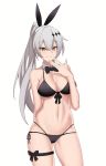  1girl :3 ass_visible_through_thighs bare_arms bare_shoulders bikini black_bikini bow bowtie breasts brown_eyes cero_(last2stage) cleavage closed_mouth cowboy_shot detached_collar earrings five-seven_(girls_frontline) front-tie_bikini front-tie_top girls_frontline grey_hair hair_ornament hand_up highleg highleg_bikini highres jewelry large_breasts long_hair looking_at_viewer multi-strapped_bikini navel ponytail side-tie_bikini smile solo stomach swimsuit thigh_strap thighs 