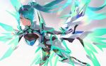  1girl armor armored_bodysuit bangs blush bodysuit breasts cait commentary detached_wings earrings energy_wings floating_hair gem gloves hair_ornament headpiece highres jewelry large_breasts leaning_forward light_particles long_hair looking_at_viewer neon_trim pneuma_(xenoblade_2) ponytail sidelocks smile solo spoilers swept_bangs tiara very_long_hair wings xenoblade_(series) xenoblade_2 