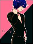  1boy belt black_pants black_shirt blue_eyes blue_hair choker guilty_(module) hand_behind_head hand_on_hip highres kaito long_sleeves looking_at_viewer male_focus multicolored multicolored_background outline pants project_diva_(series) shirt smile solo vocaloid white_outline xhinokox78 