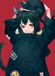 1girl :d animal animal_ears animal_on_head arms_up bangs black_cat black_hair cat cat_ears cat_girl cat_on_head cat_tail clothes_writing drawstring fangs fish highres long_sleeves looking_at_viewer mouth_hold on_head open_mouth original pocket red_background red_eyes sarina_matsumura simple_background smile solo sticker tail turtleneck upper_body 