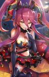 1girl bare_shoulders bat black_choker blush breasts choker cleavage closed_mouth dragalia_lost dragon dragon_girl dragon_horns dragon_tail fang full_body fur_choker gonzarez halloween halloween_costume heart highres horns large_breasts moon mym_(dragalia_lost) night night_sky one_eye_closed orange_eyes red_hair sky smile solo tail tiara twintails 
