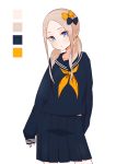  1girl abigail_williams_(fate/grand_order) absurdres alternate_costume bangs blonde_hair blue_eyes bow fate/grand_order fate_(series) forehead hair_bow highres kopaka_(karda_nui) long_hair looking_at_viewer parted_bangs parted_lips pleated_skirt school_uniform serafuku simple_background skirt sleeves_past_wrists solo twintails white_background 