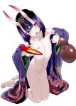  1girl absurdres bangs bar_censor bare_legs bare_shoulders barefoot breasts censored cup enty_reward fang fate/grand_order fate_(series) flat_chest forehead_jewel full_body gourd head_tilt highres holding horns japanese_clothes kimono kneeling looking_at_viewer mochi_(circle_rin) navel nipples nude oni oni_horns paid_reward petite purple_eyes purple_hair purple_kimono sakazuki shuten_douji_(fate/grand_order) simple_background skin-covered_horns solo white_background 