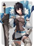  1girl armored_boots belt black_gloves black_hair black_shorts blue_belt blue_vest boots breasts celliera cowboy_shot dragalia_lost fingerless_gloves fur-trimmed_vest garter_straps gloves grey_legwear grey_shirt hair_between_eyes highres kodamazon long_sleeves looking_at_viewer medium_breasts microskirt puffy_long_sleeves puffy_sleeves purple_eyes shirt short_shorts shorts skirt smile smirk solo sword thighhighs thighhighs_under_boots torn_clothes torn_shirt vest weapon 