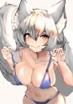  absurdres animal_ear_fluff animal_ears bikini bikini_tug blue_bikini blush breasts cleavage dominique_(dom1nique_ktn) eyebrows_visible_through_hair fox_ears fox_tail groin highres large_breasts navel orange_eyes original short_eyebrows short_hair silver_hair simple_background slit_pupils smile swimsuit tail thick_eyebrows upper_body white_background 