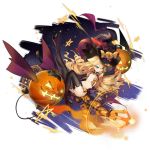  amoeba_yuanchong arm_up armpits ass azur_lane black_footwear black_gloves black_headwear black_legwear blonde_hair blue_eyes bow candy demon_tail drill_hair elbow_gloves flat_chest food gloves halloween hat high_heels highres jack-o&#039;-lantern knee_up leg_up lollipop long_hair looking_at_viewer mouth_hold navel official_art quad_drills revealing_clothes smalley_(azur_lane) smalley_(candy_courier)_(azur_lane) staff star stomach swirl_lollipop tail thighhighs transparent_background witch_hat yellow_bow 