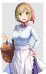  1girl :d apron bangs basket blue_shirt blush bread breasts buttons collared_shirt commentary_request cowboy_shot eyebrows_visible_through_hair fang food green_eyes grey_background hand_on_hip head_scarf highres holding inuyama_aoi large_breasts light_brown_hair long_hair long_sleeves looking_at_viewer open_mouth outside_border partial_commentary plan_(planhaplalan) shirt sidelocks simple_background smile solo standing thick_eyebrows white_apron wing_collar yurucamp 