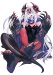  1girl an&#039;ninsou armor blue_cape breasts cape claws covered_navel fangs headwear heterochromia highres horns long_hair open_mouth original pointy_ears purple_eyes red_eyes red_legwear sol tail tongue tongue_out white_hair yumitoriaoi 