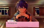  1boy blue_eyes blue_hair blue_nails blue_scarf classroom curtains doki_doki_literature_club english_text fingernails hands_together indoors kaito looking_at_viewer male_focus nail_polish parody pov scarf sitting smile solo upper_body vocaloid xhinokox78 