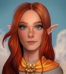  1girl blue_eyes blue_sky brown_hair cloud day freckles highres jenny_stout light_smile long_hair looking_at_viewer malon outdoors pointy_ears portrait sky smile solo the_legend_of_zelda the_legend_of_zelda:_ocarina_of_time upper_body 