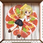  1girl all_fours anzio_school_uniform bangs beef belt black_belt black_footwear black_skirt blonde_hair blue_eyes bright_pupils carpaccio chaki_(teasets) chibi closed_mouth dress_shirt eyebrows_visible_through_hair food from_above from_behind frown fruit girls_und_panzer in_food leaf lemon lemon_slice loafers long_hair long_sleeves looking_back miniskirt pantyhose pleated_skirt school_uniform shirt shoes skirt solo sweatdrop white_legwear white_pupils white_shirt 
