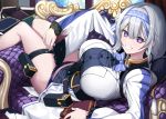  1girl belt blue_panties book bow bowtie breasts couple cushion grin hair_between_eyes hairband large_breasts long_hair looking_at_viewer lying on_back original panties potion purple_eyes quiver simple_background smile solo thigh_strap underwear xiujia_yihuizi 