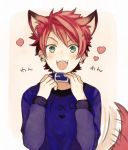  1boy :3 a3! animal_ears blush collar dog_ears dog_tail dogboy fangs green_eyes heart highres kurodeko looking_at_viewer male_focus nanao_taichi open_mouth red_hair smile solo tail tail_wagging 