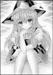  1girl abstract_background black_border blush border braid commentary_request elbow_on_knee eyebrows_visible_through_hair feet_out_of_frame graphite_(medium) greyscale hair_between_eyes hair_ribbon hat hat_ribbon head_on_hand head_rest head_tilt kirisame_marisa long_hair looking_at_viewer monochrome nightmare77zx partial_commentary puffy_short_sleeves puffy_sleeves ribbon short_sleeves single_braid sitting skirt smile solo touhou traditional_media tress_ribbon very_long_hair vest witch_hat 