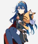  1girl black_gloves black_shirt blue_eyes blue_hair blush boots cape commentary fingerless_gloves fire_emblem fire_emblem_awakening from_behind gen_1_pokemon gloves grey_background highres long_hair long_sleeves looking_at_viewer lucina_(fire_emblem) open_mouth pikachu pokemon pokemon_(creature) ribbed_sweater ryon_(ryonhei) shirt simple_background super_smash_bros. sweater tail thigh_boots thighhighs tiara wrist_cuffs 