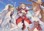  3girls aestus_estus ahoge bangs bare_shoulders bead_bracelet beads bikini blonde_hair blue_sky bracelet braid breasts bridal_veil cleavage closed_mouth criss-cross_halter crossed_arms dress epaulettes fate/extra fate/extra_ccc fate/grand_order fate_(series) french_braid gauntlets gown green_eyes hair_bun hair_intakes hair_ribbon halterneck head_wreath jewelry juliet_sleeves kodamazon leotard long_hair long_sleeves looking_at_viewer medium_breasts multiple_girls multiple_persona navel nero_claudius_(bride)_(fate) nero_claudius_(fate) nero_claudius_(fate)_(all) nero_claudius_(swimsuit_caster)_(fate) ocean open_mouth petals puffy_sleeves red_bikini red_dress red_ribbon ribbon rigging side-tie_bikini single_pauldron sky smile striped striped_bikini swimsuit sword veil weapon white_leotard white_ribbon white_sleeves 