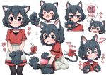  +_+ 1girl :d ^_^ animal_ear_fluff animal_ears ball black_gloves black_hair black_legwear blue_eyes blush bow cat_ears cat_girl cat_tail cat_teaser closed_eyes collar commentary drooling extra_ears eyebrows_visible_through_hair fangs gloves hands_on_lap highres kaban_(kemono_friends) kemono_friends kemonomimi_mode multiple_views nekonyan_(inaba31415) no_hat no_headwear open_mouth pantyhose paw_gloves paws purple_collar red_bow red_shirt shirt short_hair short_sleeves shorts sitting smile sweatdrop t-shirt tail tail_bow translation_request wavy_mouth 