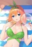  1girl :p bangs bare_arms bare_shoulders beach_towel bikini blue_eyes blush breasts cleavage closed_eyes collarbone commentary_request day eyebrows_visible_through_hair fan floral_print go-toubun_no_hanayome green_bikini green_hairband green_ribbon hair_between_eyes hair_ribbon hairband highres holding holding_fan large_breasts looking_at_viewer nakano_yotsuba navel oenothera orange_hair outdoors paper_fan pointing pointing_at_self print_bikini ribbon smile solo swimsuit tongue tongue_out towel uchiwa upper_body 