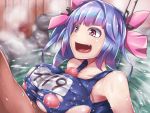  1boy 1girl bangs bath blue_hair blue_swimsuit bow breasts fang gradient_hair headgear hetero huge_breasts i-19_(kantai_collection) kantai_collection multicolored_hair name_tag nipples onboro_(clunker) onsen open_mouth paizuri paizuri_under_clothes penis pink_bow pink_eyes pink_hair puffy_nipples school_swimsuit sidelocks solo_focus star star-shaped_pupils swimsuit symbol-shaped_pupils tongue torn_clothes torn_swimsuit tri_tails wet wet_clothes 