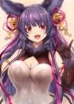  1girl :d animal_ears bell black_gloves breasts cleavage elbow_gloves fang fox_ears fox_shadow_puppet gloves granblue_fantasy hair_bell hair_ornament hair_ribbon highres hime_cut large_breasts long_hair open_mouth purple_hair red_eyes ribbon simple_background skin_fang smile solo sukemyon very_long_hair yuel_(granblue_fantasy) 