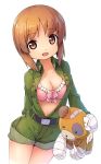 1girl arm_behind_back bandages bandaid bangs belt black_belt boko_(girls_und_panzer) bow bow_bra bra breasts brown_eyes brown_hair cleavage commentary eyebrows_visible_through_hair frilled_bra frills girls_und_panzer green_jumpsuit holding holding_stuffed_animal long_sleeves looking_at_viewer magenta_(atyana) medium_breasts navel nishizumi_miho open_jumpsuit open_mouth pink_bra short_hair short_jumpsuit simple_background smile solo standing stuffed_animal stuffed_toy teddy_bear underwear white_background 
