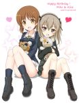  2girls :d bangs black_bow black_hairband black_jacket black_legwear blush boko_(girls_und_panzer) boots bow breasts brown_eyes brown_footwear brown_hair character_name collarbone commentary_request cross-laced_footwear dated eyebrows_visible_through_hair flipper girls_und_panzer grey_skirt grey_vest hair_between_eyes hair_bow hairband happy_birthday heart highres jacket knees_up lace-up_boots long_hair long_sleeves medium_breasts military military_uniform multiple_girls nishizumi_miho object_hug one_side_up ooarai_military_uniform open_mouth pleated_skirt selection_university_military_uniform shimada_arisu sitting skirt smile socks star starry_background stuffed_animal stuffed_toy teddy_bear uniform vest white_skirt 