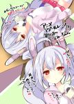  1girl animal_ears azur_lane bangs breasts bunny_ears camisole cleavage commentary_request directional_arrow eyebrows_visible_through_hair food fuuna_thise hair_between_eyes hair_ornament hairband highres holding holding_food jacket laffey_(azur_lane) long_hair long_sleeves looking_at_viewer lying on_back open_clothes open_jacket parted_lips pink_jacket pleated_skirt red_eyes red_hairband red_skirt silver_hair skirt sleeves_past_wrists small_breasts thighhighs translation_request twintails very_long_hair white_camisole white_legwear 