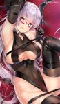  1girl :q arm_up armpits artist_name azur_lane bangs bare_shoulders black_leotard blue_eyes blush breasts covered_navel demon_horns demon_tail eyebrows_visible_through_hair glasses gloves gneisenau_(azur_lane) gneisenau_(nightmarish_succubus)_(azur_lane) halloween_costume heart heart-shaped_pupils heart_tattoo horns knee_up large_breasts leotard long_hair looking_at_viewer pubic_tattoo purple_hair reclining rectangular_eyewear red-framed_eyewear rei_kun see-through semi-rimless_eyewear skindentation smile solo symbol-shaped_pupils tail tattoo thighhighs tongue tongue_out underboob_cutout very_long_hair 