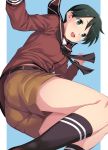  1girl bangs black_hair blush breasts brown_legwear brown_neckwear brown_shorts commentary eyebrows_visible_through_hair green_eyes kantai_collection kumadano long_sleeves mogami_(kantai_collection) neckerchief open_mouth red_sailor_collar sailor_collar school_uniform serafuku short_hair shorts socks solo 