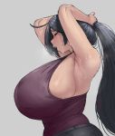  1girl armpits arms_up breasts closed_eyes commentary denim gigantic_breasts grey_background highres huge_breasts jeans krekk0v mole mole_under_mouth original pants parted_lips ponytail sideboob simple_background solo sweat tied_hair tying_hair 