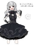  1girl :d bangs black_bow black_dress blush bow commentary_request cropped_torso dress eyebrows_visible_through_hair fang grey_hair hand_in_hair hand_on_hip hand_up lace lace-trimmed_dress long_hair morinaka_kazaki nijisanji open_mouth pleated_dress red_eyes simple_background smile solo translation_request v-shaped_eyebrows virtual_youtuber white_background yamabukiiro 