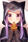  1girl artist_name black_capelet blush brown_background brown_gloves capelet commentary_request eating fate/grand_order fate_(series) food food_on_face gloves gradient gradient_background hands_up highres holding holding_food hood hood_up hooded_capelet long_hair medusa_(lancer)_(fate) purple_eyes purple_hair rider sakura_tsubame sidelocks signature solo sparkle upper_body white_background 