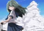  +_- 1girl absurdres bangs bicycle bicycle_basket blue_neckwear blue_sailor_collar blue_skirt blue_sky blush brown_eyes cloud cloudy_sky day eyebrows_behind_hair floating_hair green_eyes green_hair ground_vehicle hair_between_eyes highres huge_filesize kamatama long_hair looking_at_viewer looking_to_the_side original outdoors parted_lips pleated_skirt sailor_collar school_uniform serafuku shirt short_sleeves skirt sky solo white_shirt 