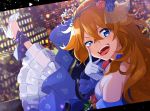  1girl akanbe bangs bare_shoulders blue_eyes blurry blurry_background blush braid breasts cityscape dress elbow_gloves flower from_behind glass_slipper gloves hair_between_eyes hair_flower hair_ornament highres leg_ribbon long_hair looking_at_viewer medium_breasts nijisanji open_mouth orange_hair otogibara_era ribbon see-through sleeveless sleeveless_dress smile solo teeth tiara tongue tongue_out very_long_hair virtual_youtuber yuama_(drop) 