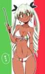  anchovy aono3 arm_behind_back ass_visible_through_thighs bangs bikini black_ribbon breasts cleavage closed_mouth commentary cowboy_shot drill_hair eyebrows_visible_through_hair flag_background flag_print front-tie_bikini front-tie_top girls_und_panzer green_hair groin hair_ribbon highres holding italian_flag italian_flag_bikini long_hair looking_back medium_breasts navel outline pointing pointing_up print_bikini red_eyes ribbon riding_crop side-tie_bikini smile standing swimsuit tan translated twin_drills twintails white_bikini white_outline 