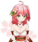  1girl ahoge bangs bare_shoulders blush breasts cherry_blossoms cleavage closed_mouth collarbone detached_collar detached_sleeves flower green_eyes hair_flower hair_ornament hairclip hololive medium_breasts medium_hair obi one_side_up pink_hair sakura_miko sash simple_background solo upper_body virtual_youtuber zaxwu 