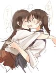  2girls ^_^ akagi_(kantai_collection) blue_hakama brown_eyes brown_hair closed_eyes commentary hakama hakama_skirt hug japanese_clothes kaga_(kantai_collection) kantai_collection long_hair multiple_girls muneate red_hakama side_ponytail simple_background speech_bubble takamachiya yuri 