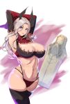  1girl armpits arms_behind_head arms_up ascot bangs bare_shoulders black_legwear black_panties blue_eyes bra breasts carmilla_(fate) cleavage detached_collar detached_sleeves fate/grand_order fate_(series) hair_ornament highleg highleg_panties highres iron_maiden large_breasts long_hair looking_at_viewer navel panties parted_bangs red_bra solo thighhighs thighs underwear white_hair zumizu 